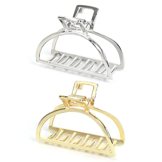 FAELBATY Metal Claw Clips for Thick Hair, Medium Metal Hair Clips for Women, Gold Hair Clips & Silver Hair Clips, Hair Claw Clips for Thin Hair, Strong Metal Clips for All Hair Types, 2PCS Gold&Silver