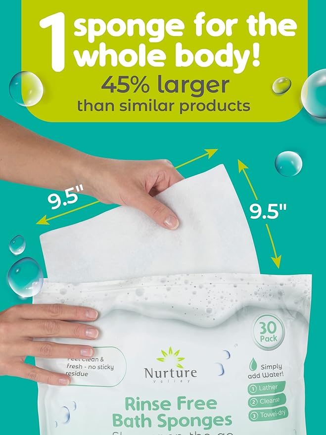 Nurture Valley Sponge Bath Wipes Large Disposable Wash Cloths Adults 30Pack