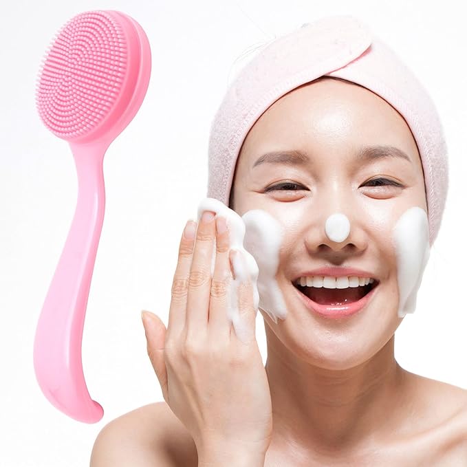 HINZIC Silicone Manual Facial Cleansing Brush, Skin Friendly Waterproof Face Cleaning Scrubber Exfoliator Cleanser for Blackheads Whiteheads Makeup Residues Removal- Pink