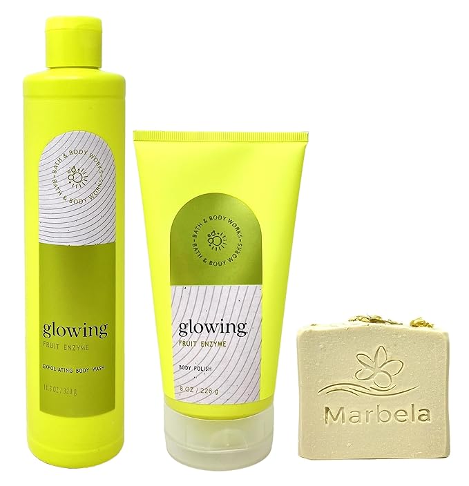 Bath & Body Works Glowing With Fruit Enzyme Exfoliating Body Wash and Body Polish Duo Set with a Wild Jasmine Bar Soap