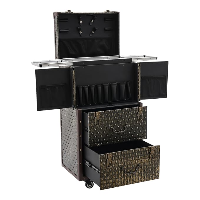Beauty Salon Luggage,Rolling Lockable Makeup Train Case Hairdressing Trolley Stylist Beauty Salon Cosmetic Luggage Travel Organizer Tool Box with Hair Dryer Holder (Bronze)