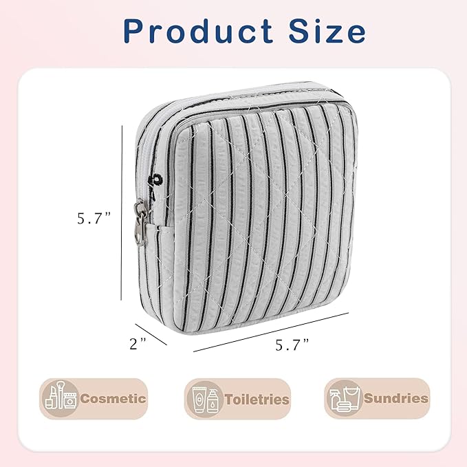 RSRSLEII Small Quilted Striped Cosmetic Pouch for Purse, Mini Cotton Makeup Bag with Compartments, Cute Zipper Lipstick Holder for Women (24 Black Stripes)