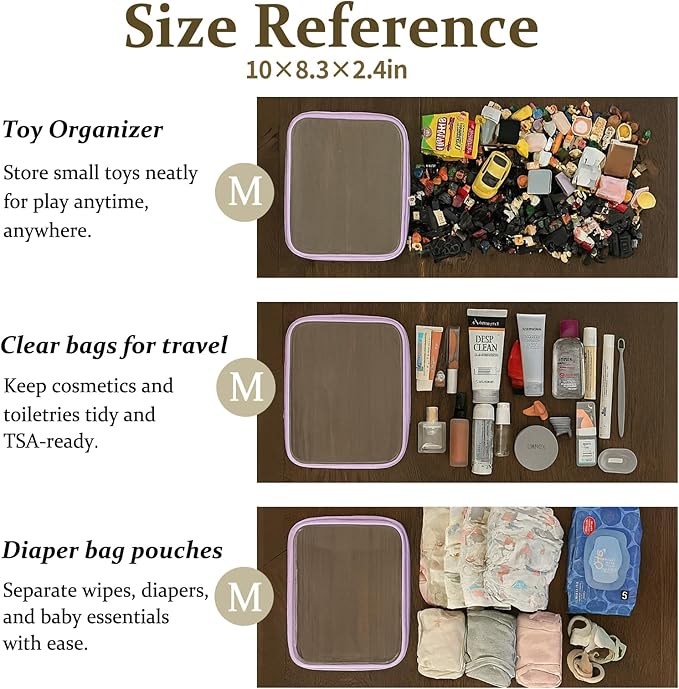 WELPIRT 4 pcs Clear Zipper Pouches,Hard Shell Zipper Case, Toiletry Bag for Travel, CLear Diaper Bag, Toiletry Pouch, Travel Organizer, Cosmetic Bag,Toy Storage Bins (M+3S) (Lavender)