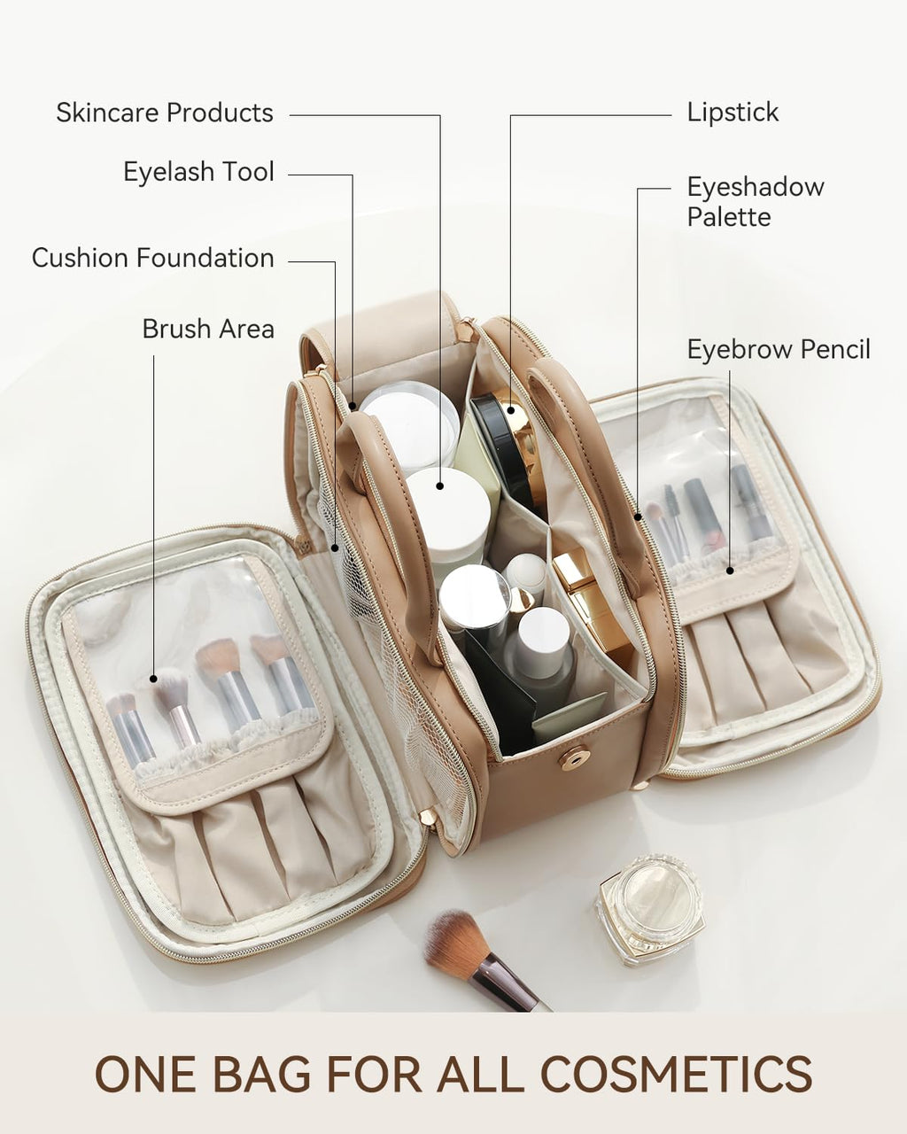 Prite Large Makeup Bag, Waterproof Travel Cosmetic Case with Brush Holder