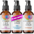 GLEOW Skincare Set: Retinol, Vitamin C, and 99% Hyaluronic Acid Serum, Face Serum Set Targets Appearance of Uneven Skin and Dryness, Total Package Serum Set 3x2 oz