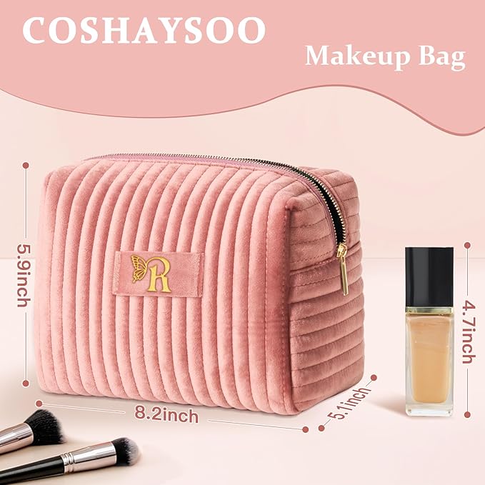 COSHAYSOO Travel Makeup Bag Quilted Make Up Pouch Initial Cosmetic Case for Women Hair Eyebrow Eyeshadow Brushes Powder Foundation Blush Bronzer Contour Palette Items Organizer Pink Letter R