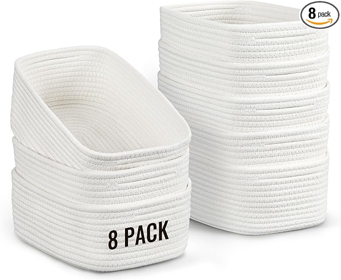 8 Pack Small Storage Baskets for Organizing, Woven Rope Bins for Bathroom, Closet, Shelf Organizer, Cute Cube Decorative Box for Towels, Baby Nursery, Toys, Gift Empty Baskets - 11.5"x7.5"x4.7"-White