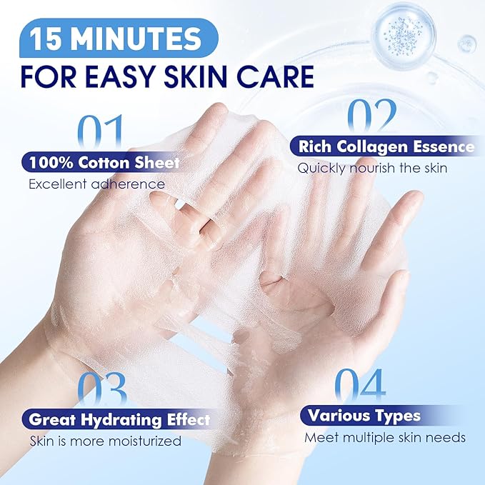 54 Pack Bulk Sheet Face Masks Skincare, Hydrating and Moisturizing Face Mask for All Skin Types, Collagen Facial Masks for Skin Care, Easter Basket Stuffers, Mothers Day Gifts (9 Types x 6 Pcs)