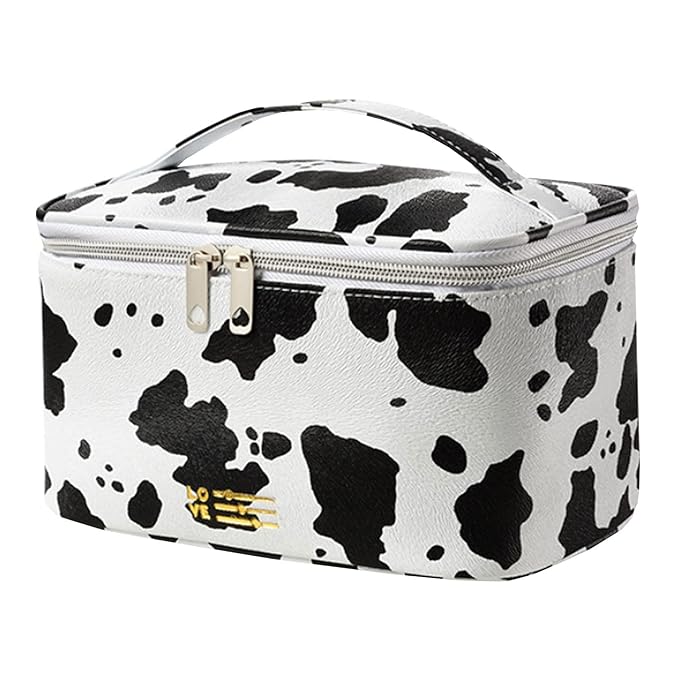 Travel Makeup Bag for Women, PU Leather Cosmetic Case, Cute Cow Printed