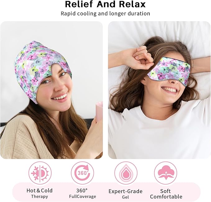 Migraine Relief Cap, Gel Cooling Eye Mask, Cooling Gel Relief 2 Pack Set, Hot/Cold Therapy, Natural Relief Cap, Instant Headache Relief, for Sinus, Puffy Eyes,Tension, Stress Relief