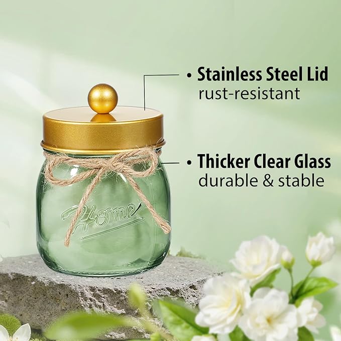 SheeChung Green Glass Qtip Holder Dispenser, Mason Jar Apothecary Jars with Lids, Bathroom Organizers and Storage, Vanity Countertop Canisters Set for Cotton Swab, Ball, Pad, Floss Pick-Gold, 2 Pack