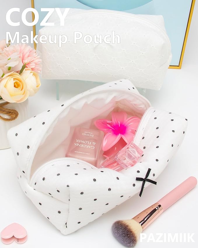 PAZIMIIK Cozy Makeup Bag for Women,Zipper Cosmetic Pouch,Gauze Polka Dot