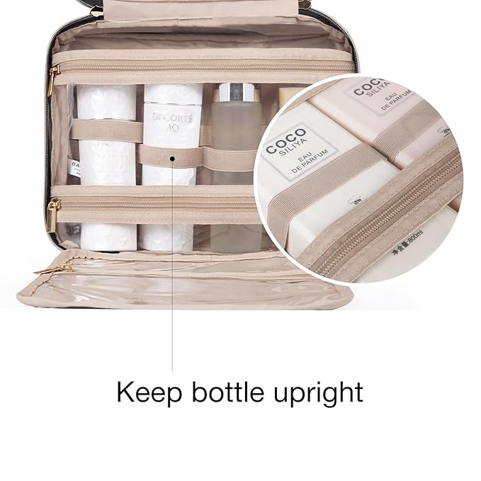 BAGSMART Toiletry Bag Travel Bag with Hanging Hook, Checkered Makeup Cosmetic Bag Travel Organizer for Accessories, Shampoo, Full-size Container, Toiletries (Khaki Checkerboard, Medium)