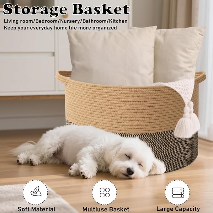 115L Large Blanket Basket,23.6" L x 23.6" W x 15.7" H Rope Woven Baskets with Handles, Toys Storage Bins,Laundry Basket Perfect for Living Room, Nursery,Bedroom,Home Organization,Jute&Black