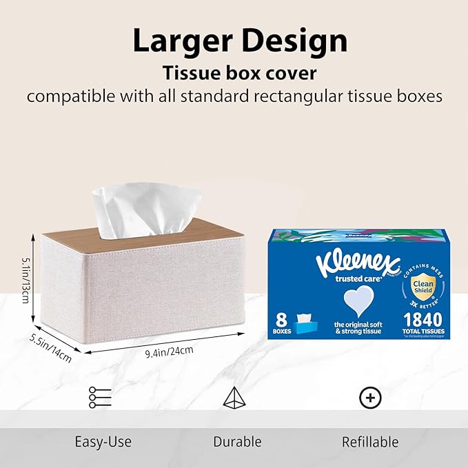 Larger Tissue Box Cover, Modern PU Leather Rectangular Facial Tissue Holder, Minimalist Tissue Organizer/Dispenser, Napkin Storage Box for Bathroom,Vanity Countertop, Nightstand, Office, Home Decor