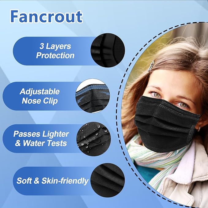 SDIW 100Pcs Black Disposable Face Mask, 3 Ply Black Face Masks with Soft Elastic Ear loops