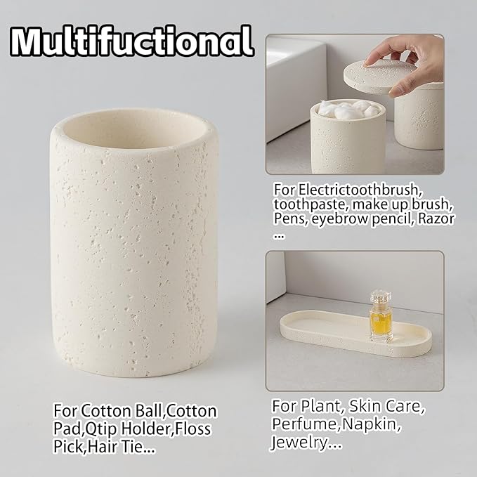 WUUAHOME Bathroom Accessories Set, Travertine Stone-Look, 6 PCS Bathroom Accessory Set with Soap Dispenser, Toothbrush Holder, Tumbler, Vanity Tray, Cotton Swab Jars for Countertop (Off White 6 PCS)