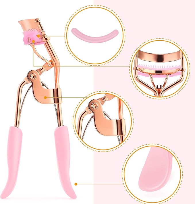 Beauty Eyelash Curler Stainless Steel Eye Lash Curler with 10 Silicone Refill Pads Professional Makeup Tool with Built-in Comb for Women Girls Any Eye Shapes
