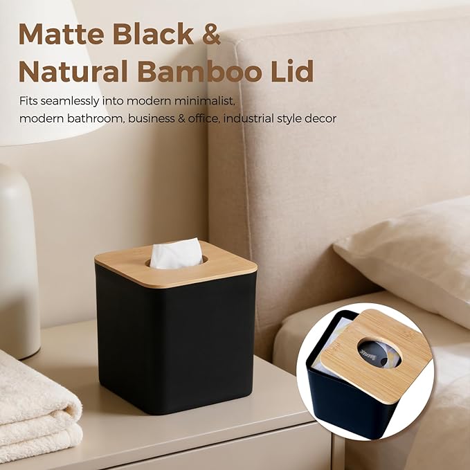 Tissue Box Cover Square, Modern Black Facial Tissue Holder with Bamboo Lid