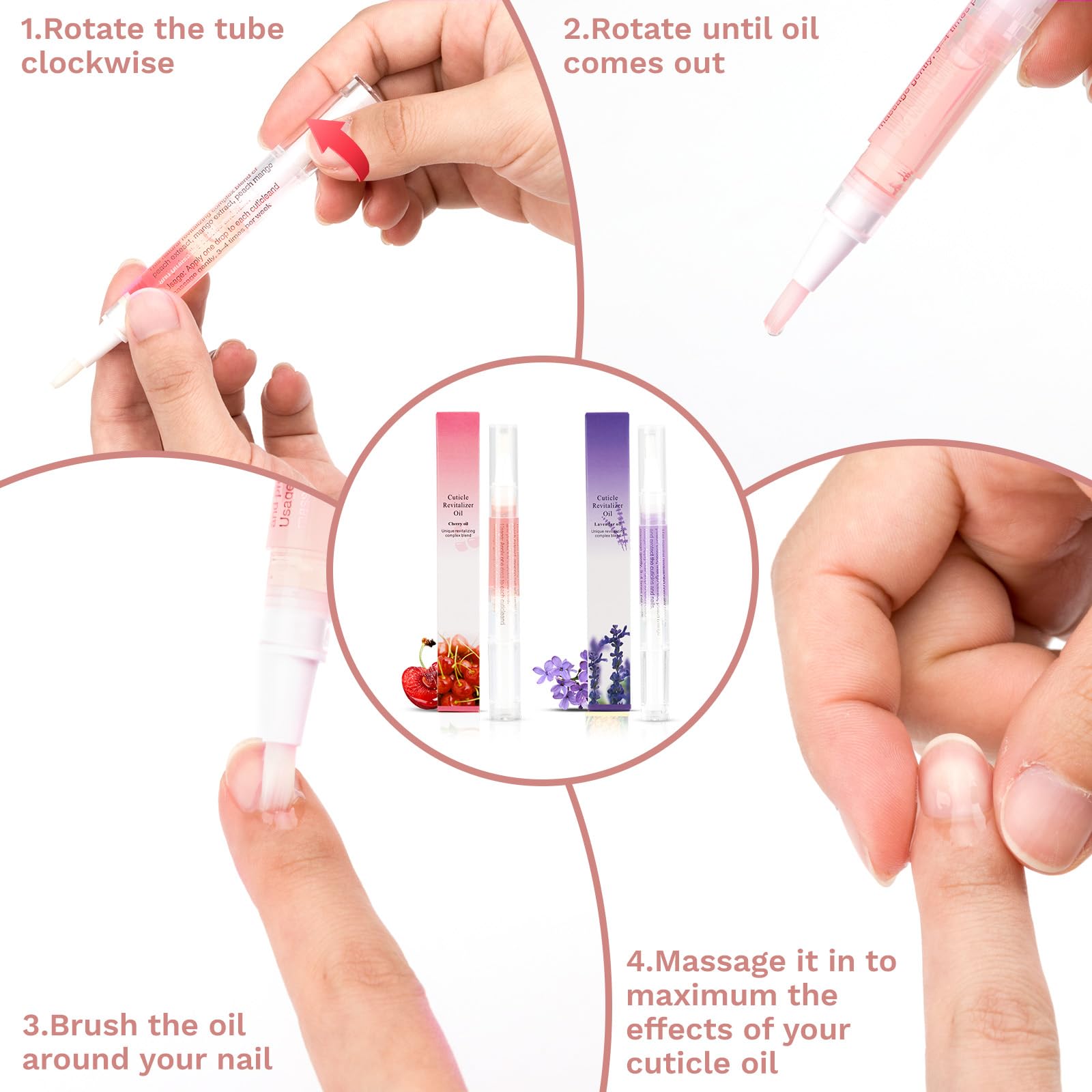 Meschett 2PCS Cuticle Oil Pens for Nail Care, Moisturizing Nail Oil Pen with Soft Brush, Hydrating Cuticle Oil for Dry Nails & Cuticles (Cherry & Lavender Flavor)