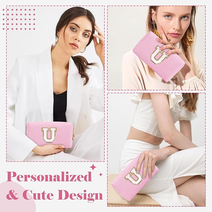 Personalized Initial A-Z Preppy Patch Makeup Bag,Small PU Chenille Letter Cosmetic Bag with Zipper for Teen Girls,Pink Cute Toiletry Organizer Bag,Monogram Makeup Case Gift for Women Girls,Letter U