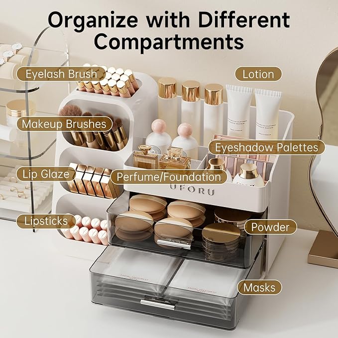 UFORU Makeup Organizer for Vanity with Brush Holder, Large Capacity Bathroom Countertop Skincare Organizer with 2 Drawers, Cosmetic Display Case for Perfumes, Eyeshadow Palettes, Nail Polishes