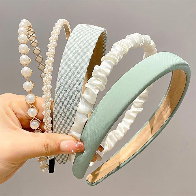 DOXISHRUKY Fashion Headbands for Women Teen Girls Headbands Set, 5pcs Pearl Headband Floral Head bands Padded Headbands for Women Vintage Wide Headband (Green)
