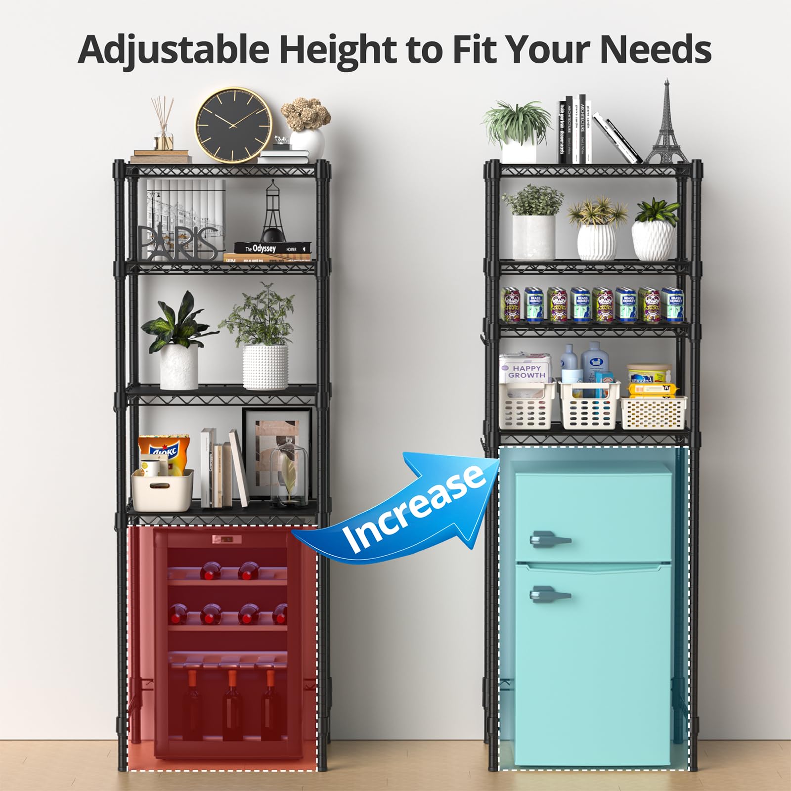 Hodonas Adjustable Mini Fridge Shelf, Black, 26.58" W x 20.28" D x 78.35" H