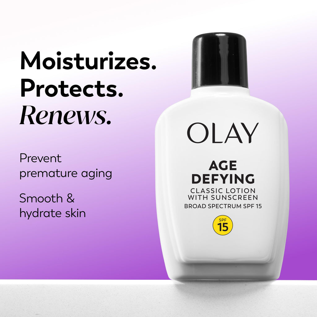 Face Moisturizer by Olay, Age Defying Classic Daily Renewal Lotion, With Sunscreen, Classic,4 oz