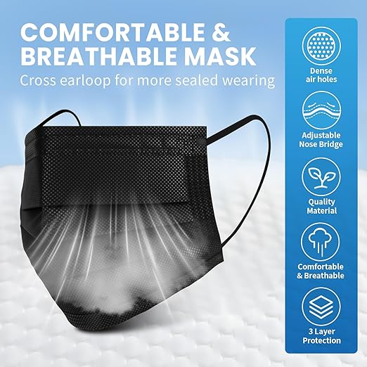 Borje Disposable Face Mask, 100 PCS Black Masks, 3 Ply Protection Face Masks