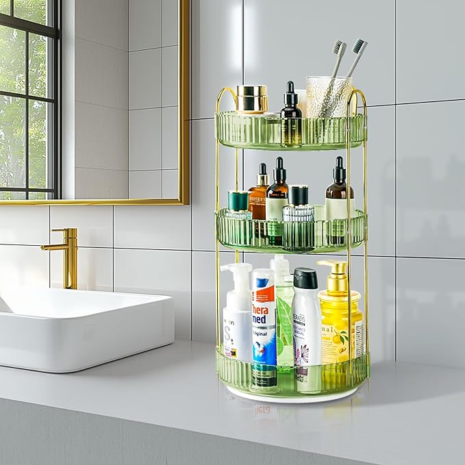 Niluks 360 Rotating Makeup Organizer - Large Capacity Spinning Perfume & Cosmetic Skincare Holder for Vanity & Countertop (Gem Green, 3 Tier)