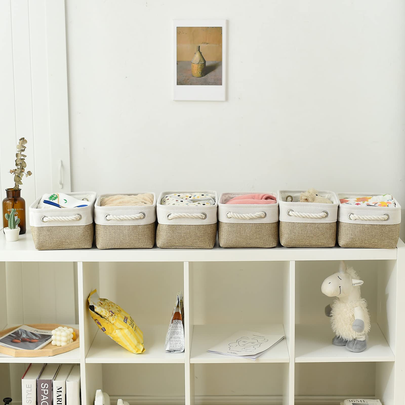 TheWarmHome Storage Basket for Shelves - 12x8x5.2 inch Small 6 Pack Collapsible Storage Bin for Closet with Handles, Fabric Storage Cubes for Cloth Organizer Gift Toy Decorative (White & Khaki)