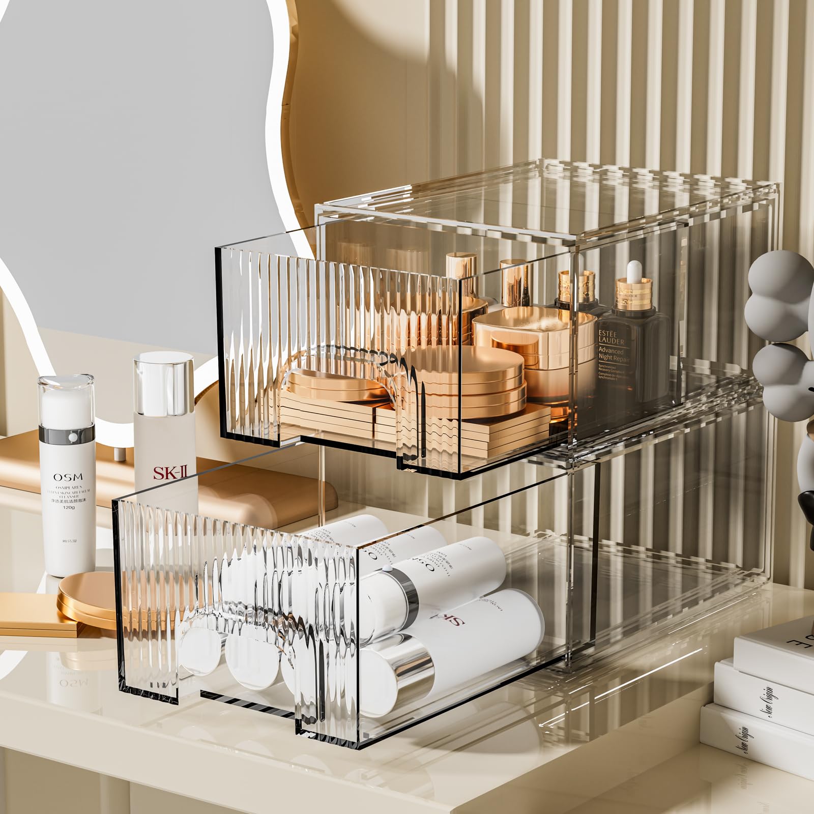ZHIAI 2 Pack Clear Stackable Cosmetic Organizer, Acrylic Drawer, Plastic Organizer for Dresser, Vanity, Kitchen Cabinet, Pantry, Home Organization and Storage