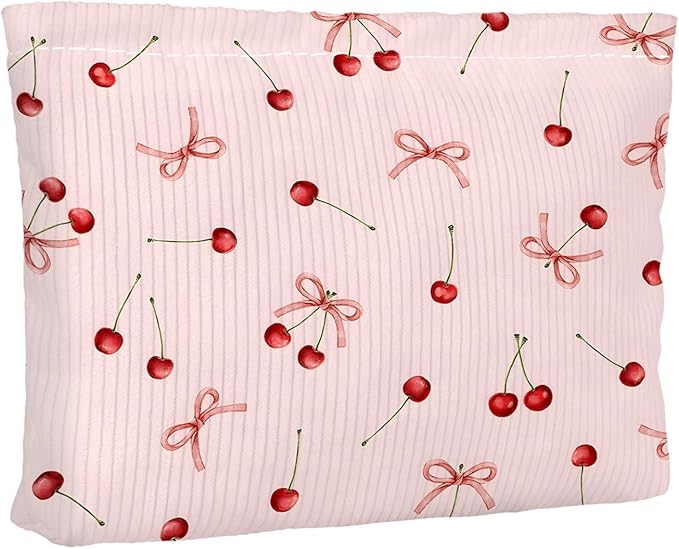 Ksriylm Cute Bow Cherries Makeup Pouch for Women Small Make Up Bag for Purse Zipper Initial Makeup Cosmetic Bags Pouches for Purse Aesthetic Travel Toiletry Bags,Red Pink Cherry