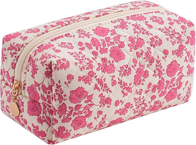 HHQQWZ Cute Square Floral Cotton Makeup Cosmetic Bag for Women Girls, Travel Quilted Zipper Make Up Bag, Square Flowers Organizer Case Kawaii Makeup Cosmetic Travel Cloth Pouch (Red Floral)