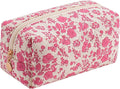 HHQQWZ Cute Square Floral Cotton Makeup Cosmetic Bag for Women Girls, Travel Quilted Zipper Make Up Bag, Square Flowers Organizer Case Kawaii Makeup Cosmetic Travel Cloth Pouch (Red Floral)