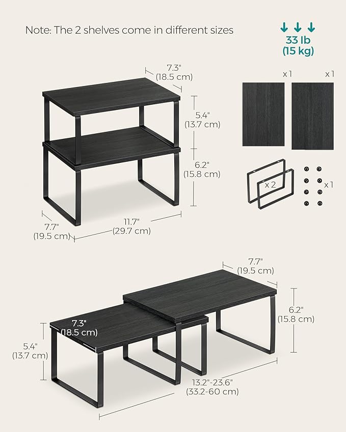 SONGMICS Cabinet Organizer Shelf, Set of 2 Kitchen Counter Shelves, Kitchen Storage, Spice Rack, Stackable, Expandable, Metal and Engineered Wood, 11.7 Inches, Ink Black and Charcoal Black UKCS02B01