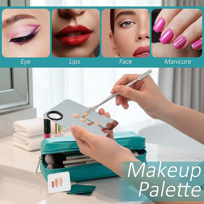 2 Pcs Makeup Mixing Palette with 2 pcs Foundation Spatula, Stainless Steel Cosmetic Makeup Palette Tray Professional Nail Mixing Tray for Foundation, Lipstick, Nail Art and More