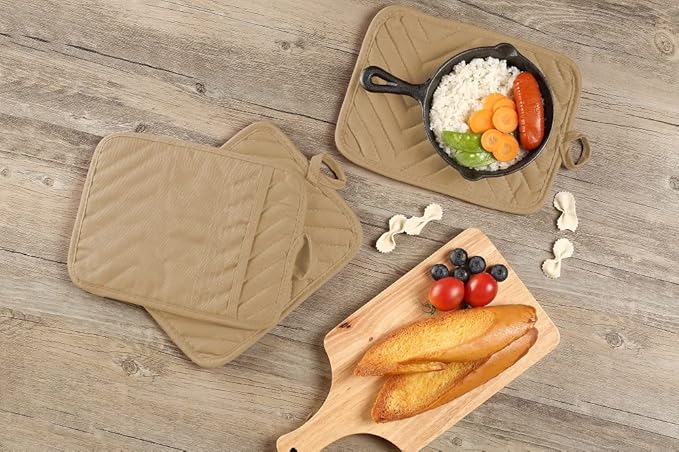 VEIKERY Oven Pot Holder with Pocket Cotton Heat Resistant Coaster Potholder Kitchen Hot Pad Oven Mitts for Cooking Square 7"x9"Set of 5 (Khaki)