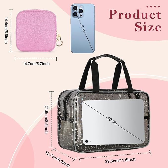 Playexen Clear Makeup Bags, Clear Travel Toiletry Bag with Extra Small Glitter Cosmetic Bag, Waterproof Essential Organizer Pouch for Sports Travel Beach (Stars-Black)