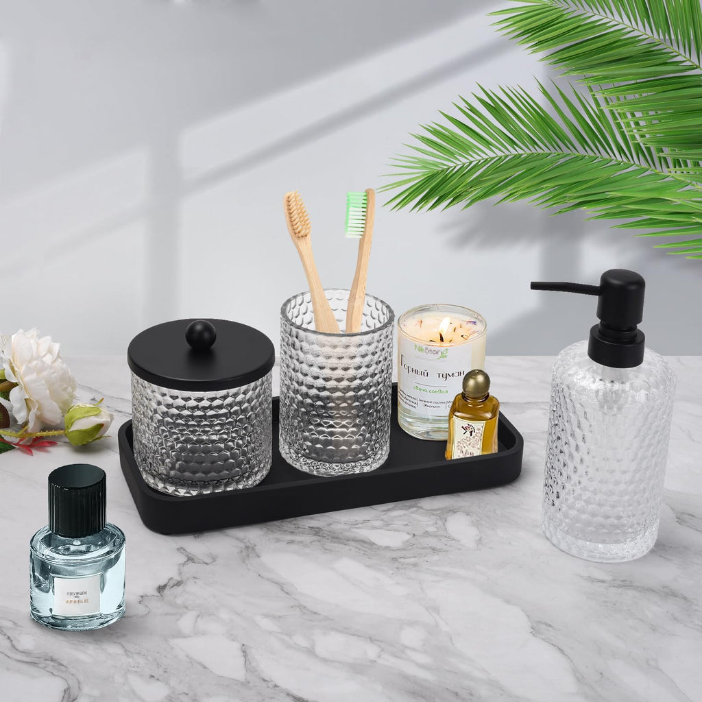 Bathroom Accessory Set,4 Pcs Clear Glass Bathroom Accessories Set-Lotion Soap Dispenser,Toothbrush Holder,Qtip Holder Dispenser & Resin Vanity Tray,Countertop Vanity Organizer,Crystal Clear
