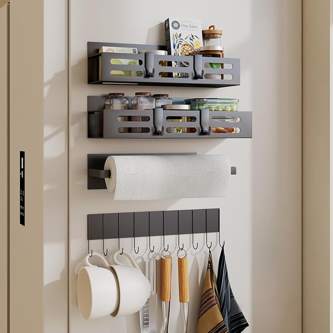 SETBAOO 4 Pack Magnetic Spice Rack for Refrigerator with 4-Hook Rack and Paper Towel Holder, Black Magnetic Shelf and Fridge Kitchen Cabinet Organizers Storage Seasoning Organization Mini Shelves.