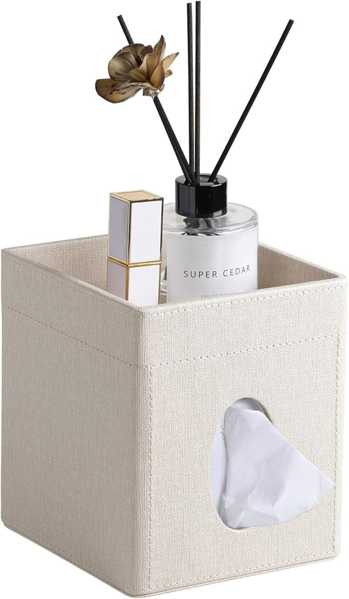 Cretkhp Tissue Box Cover, PU Leather Square Tissue Box Holder with Storage Tray for Bathroom Vanity Countertop Night Stands Bedroom Office Desk, Stylish Tissue Holder Decorative Organizer (Linen)