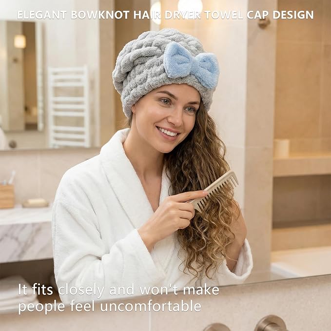 AZSRKRBM 4-Pack Microfiber Hair Towel Cap for Short/Medium Hair, No Twist, No Tug, Soft Absorbent Drying Hat with Bow for Women - Great for Skincare, Makeup, Shower