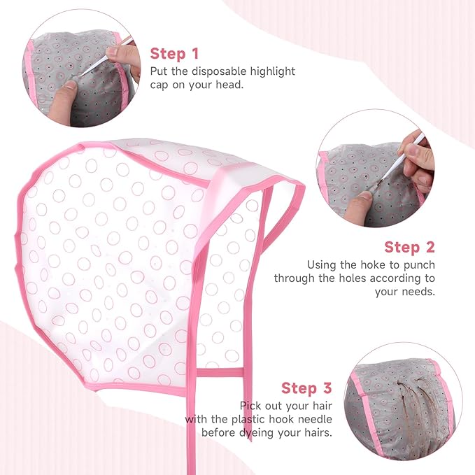 12 Pcs Highlighting Caps with Hooks, 4 Sets of Pink Hair Coloring Frosting Dye Kits with 3 Metal Hook and 2 Hair Dye Brush for Salon Hair Dyeing Hairdressing and DIY Dyeing Hair, Pink Highlight Cap