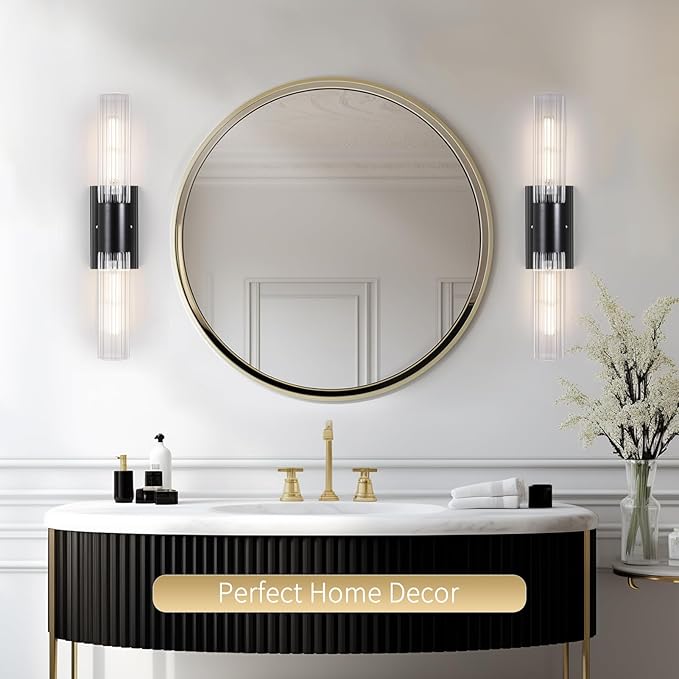 21" Bathroom Vanity Sconces Set of 2, Black Hardwired Wall Sconces Set of Two with Threaded Glass Shade, Modern Up Down Wall Decor Set of 2 for Bathroom Living Room Bedroom Hallway-Bulb Not Included ﻿