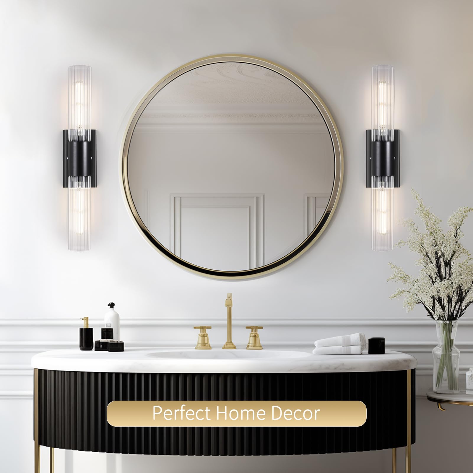 21" Bathroom Vanity Sconces Set of 2, Black Hardwired Wall Sconces Set of Two with Threaded Glass Shade, Modern Up Down Wall Decor Set of 2 for Bathroom Living Room Bedroom Hallway-Bulb Not Included