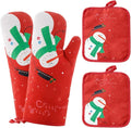 Win Change Oven Mitts and Potholders BBQ Gloves-Oven Mitts and Pot Holders with Recycled Infill Silicone Non-Slip Cooking Gloves for Cooking Baking Grilling (4-Piece Set) (Red Christmas Snow)