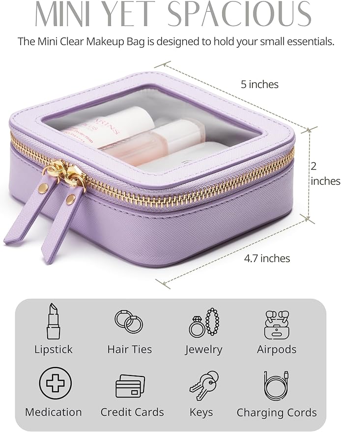 Small Cosmetic Bag for Purse Mini Makeup Bag for School Cute Clear Make Up Pouch for Travel Tiny Leather Purple Make Up Organizer Case for Backpack Toiletry Bag Waterproof Square Pouch with Zipper