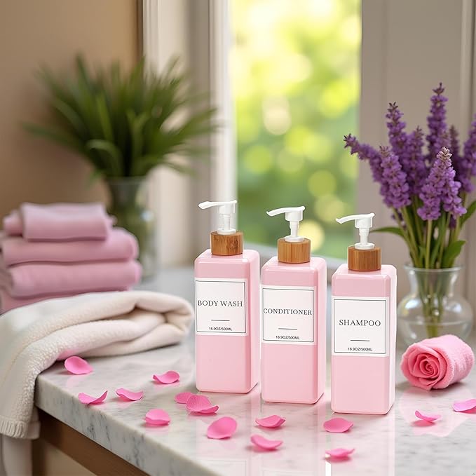 Shampoo and Conditioner Dispenser for Shower, Refillable Shampoo and Conditioner Bottles Body Wash Dispenser with Waterproof Labels, 3PCS Soap Dispenser Bathroom Pink White Empty Pump Bottle